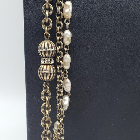 Faux Pearl Rhinestone Necklace Multi Layer Strand Antique Gold Tone Chain 48" L - Picture 3 of 8